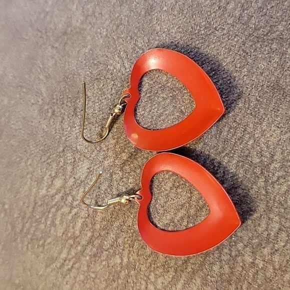 3/$20 Red Metal Creole Cut-out Heart Dangle Earrings - Picture 3 of 5